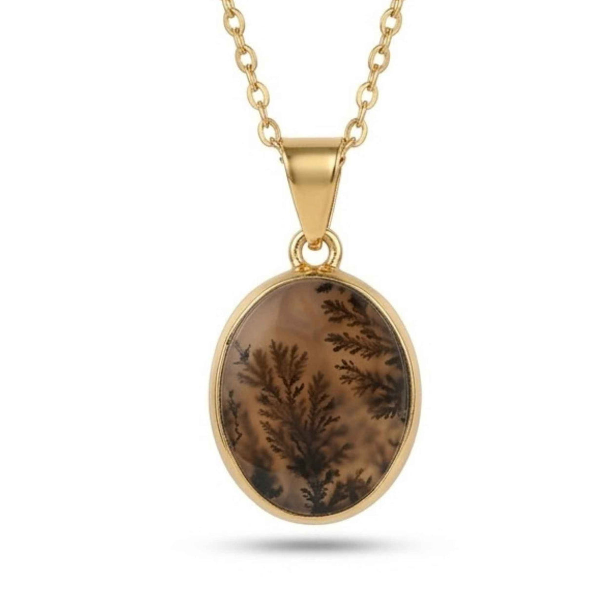 Colier Argint 925 Placat Aur 18K cu Agat Scenic Dendritic Oval – Echilibru si Claritate