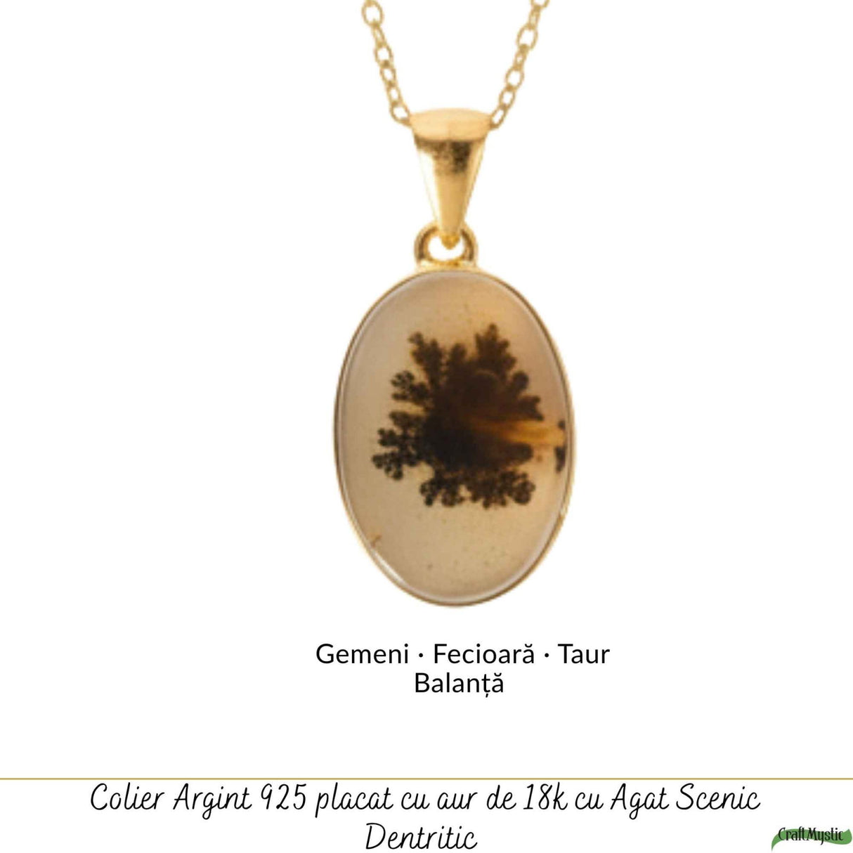 Colier Argint 925 Placat Aur 18K cu Agat Scenic Dendritic Oval – Echilibru si Claritate