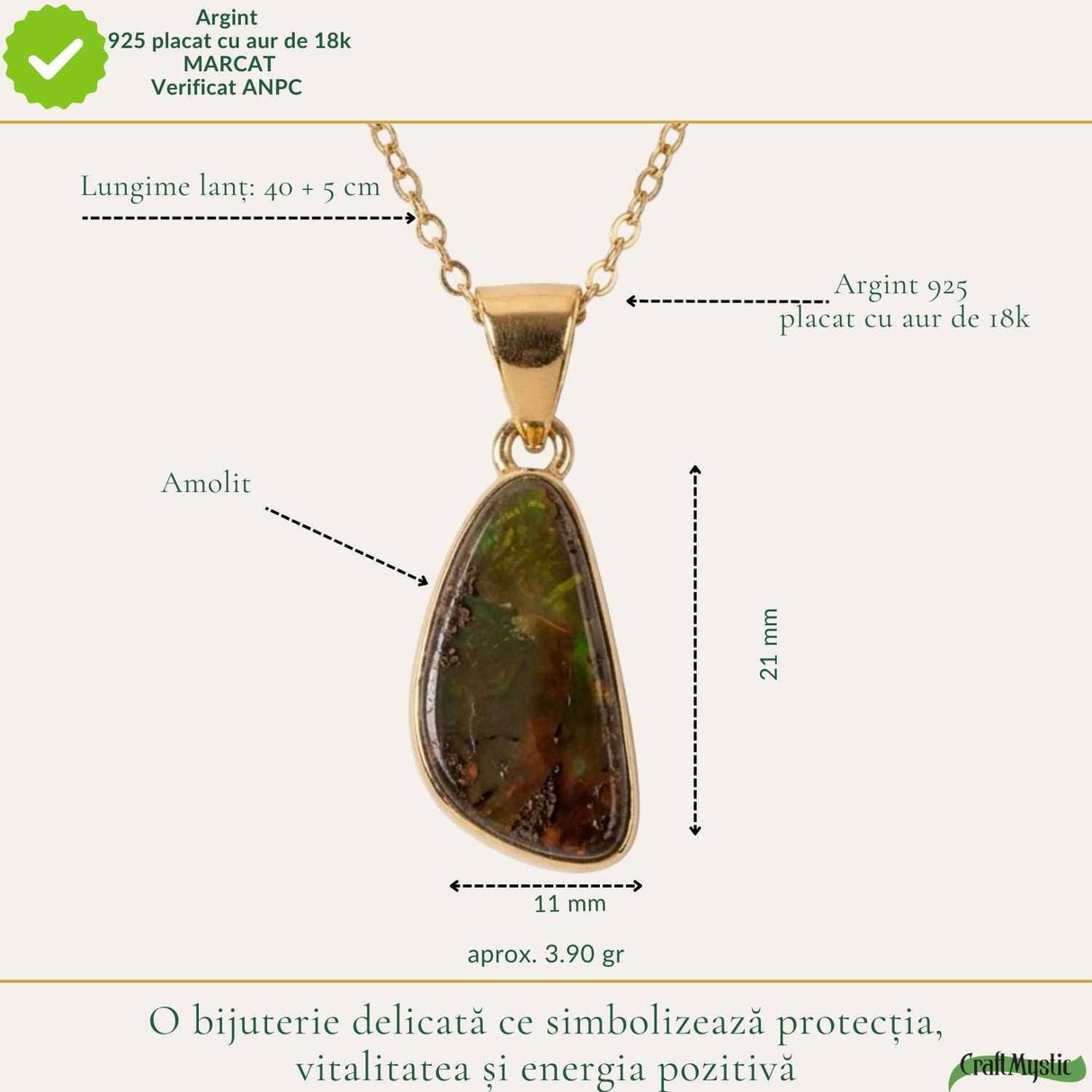 Colier Argint 925 Placat Aur 18K cu Amolit Natural – Prosperitate si Energie Pozitiva