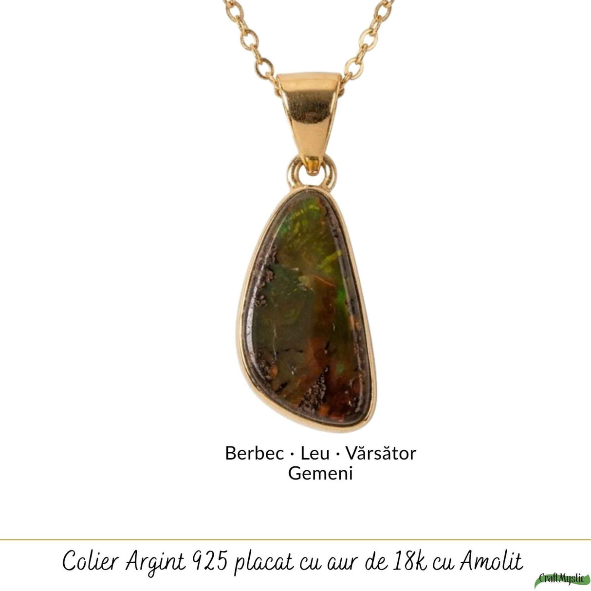 Colier Argint 925 Placat Aur 18K cu Amolit Natural – Prosperitate si Energie Pozitiva