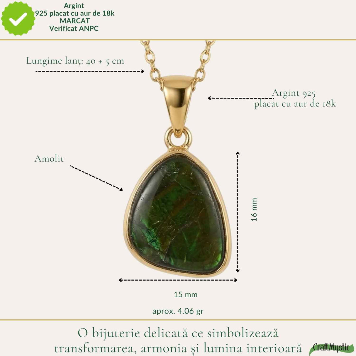 Colier Argint 925 Placat Aur 18K cu Amolit Natural Brut – Energie, Prosperitate si Protectie