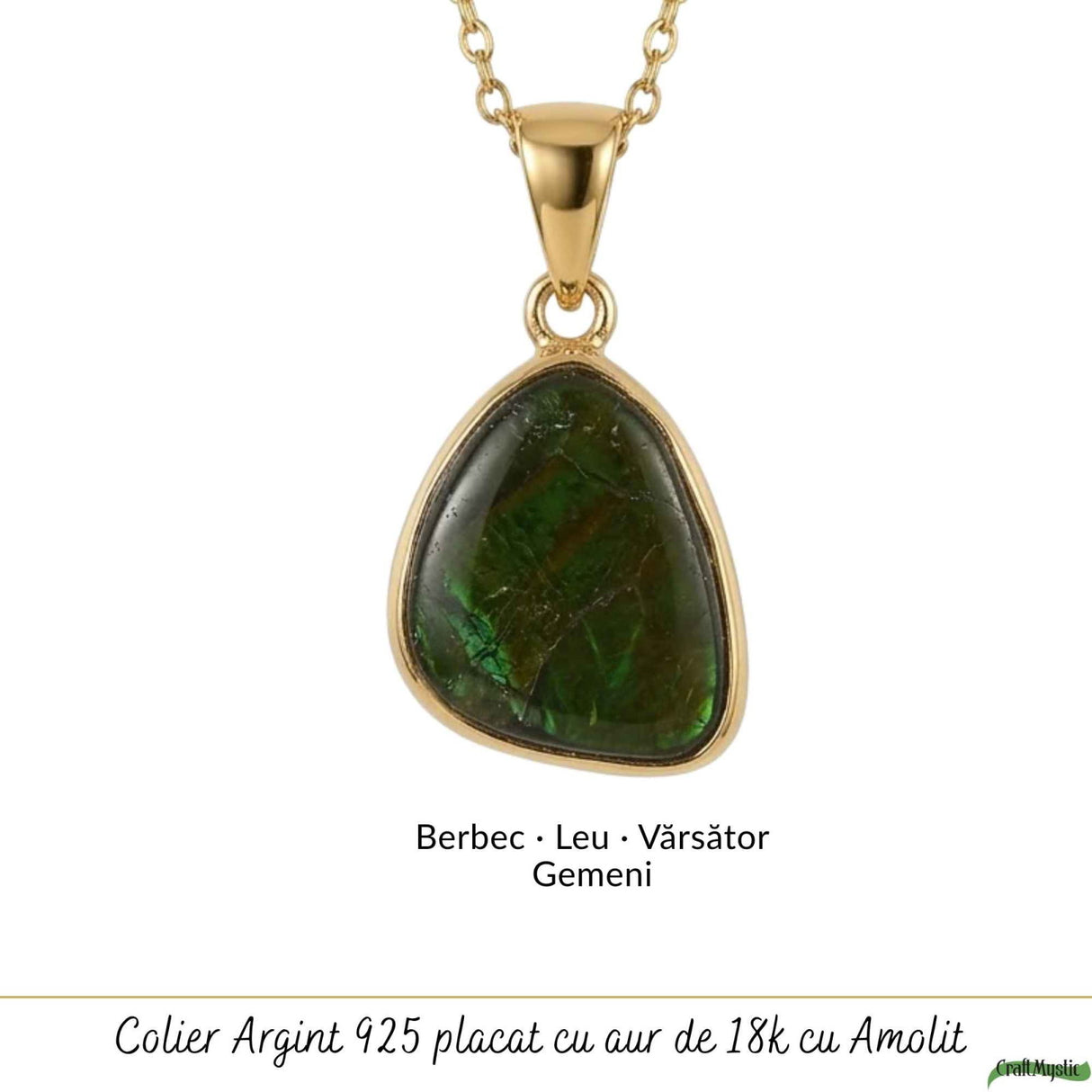 Colier Argint 925 Placat Aur 18K cu Amolit Natural Brut – Energie, Prosperitate si Protectie