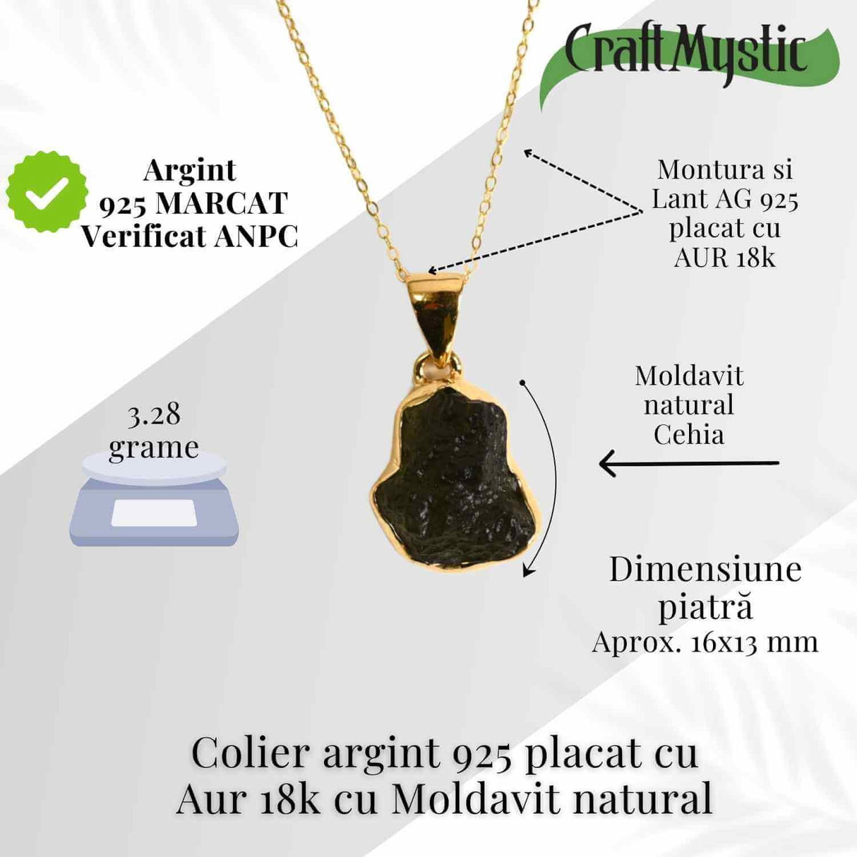 Colier Argint 925 placat cu Aur 18k cu Moldavit natural 3.28 gr 16x13 mm - transformare, protectie, energie cosmica