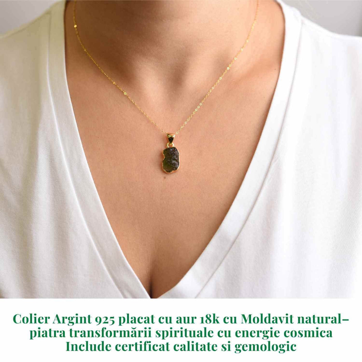 Colier argint 925 placat cu aur 18k cu Moldavit natural 2.22 g - accelerarea transformarii personale si spirituale