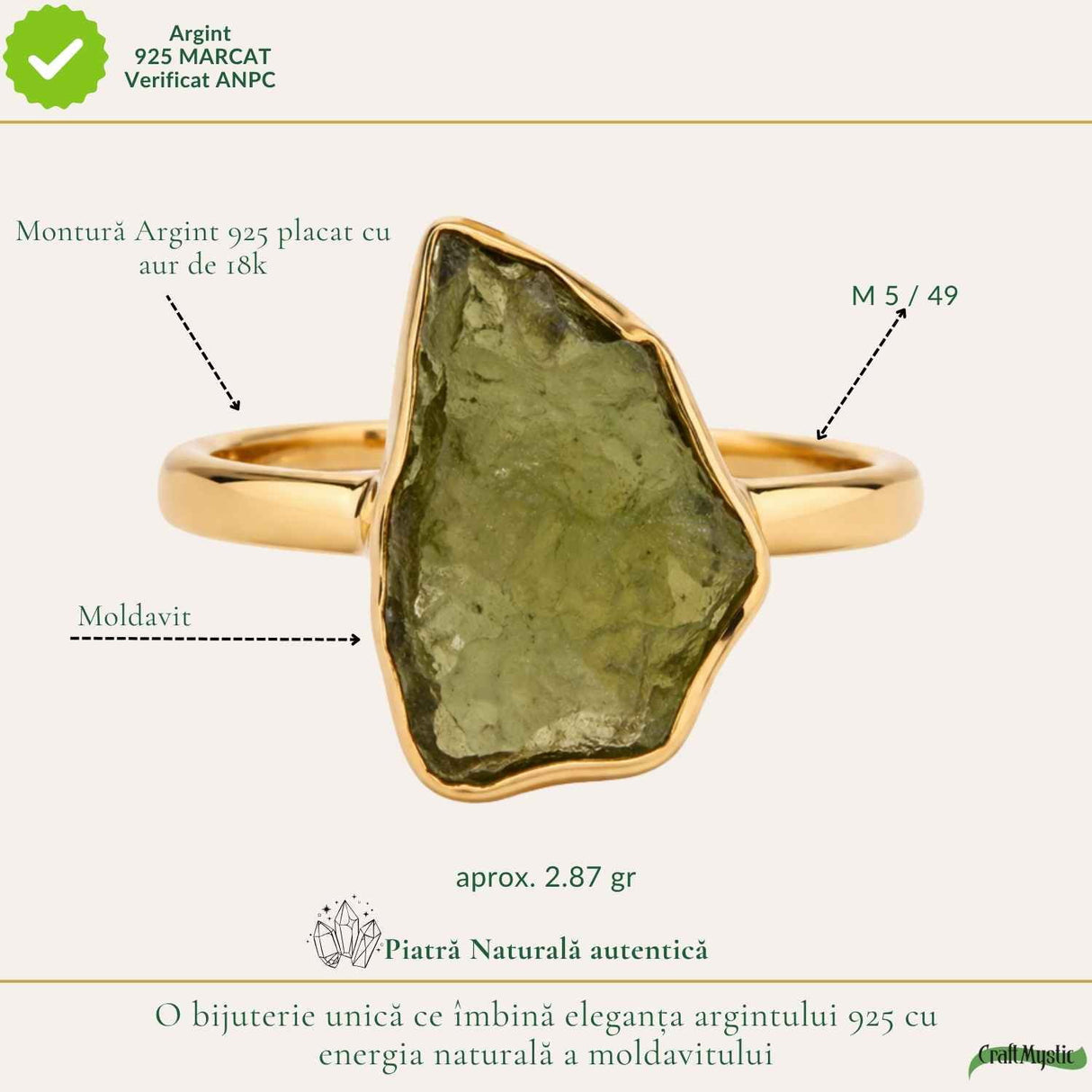 Inel moldavit brut neuniform placat cu aur de18K , M5/49 – transformare si claritate interioara
