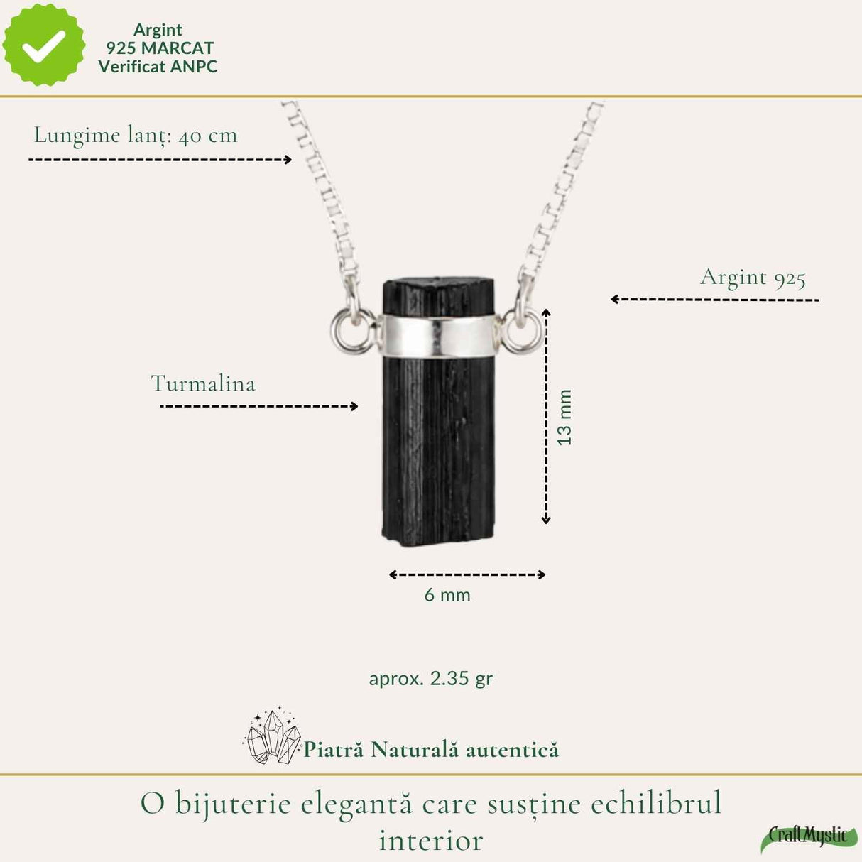 Colier Argint 925 cu Turmalina Neagra Bruta – Protectie si Ancorare Zilnica