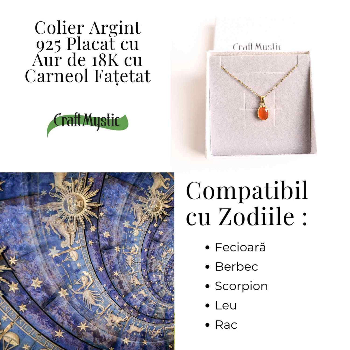 Colier cu lant inox cu Carneol Oval in montura Argint 925 Placat cu Aur 18K - Energie si Vitalitate Zilnica