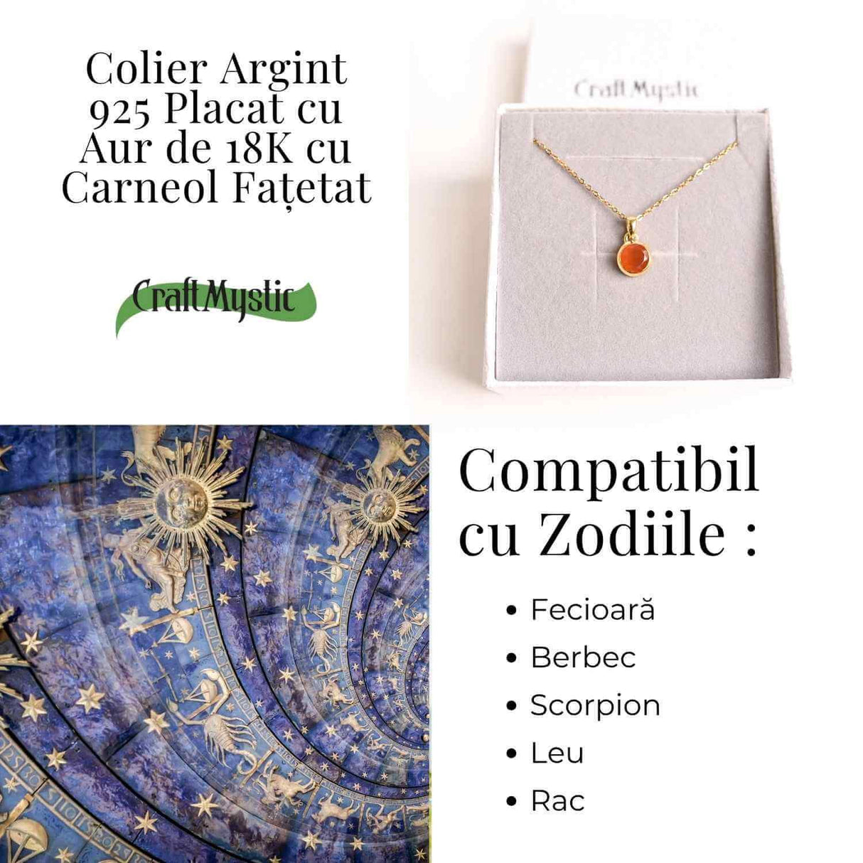 Colier cu lant inox cu Carneol Rotund in montura Argint 925 Placat cu Aur 18K - Energie si Curaj Zilnic