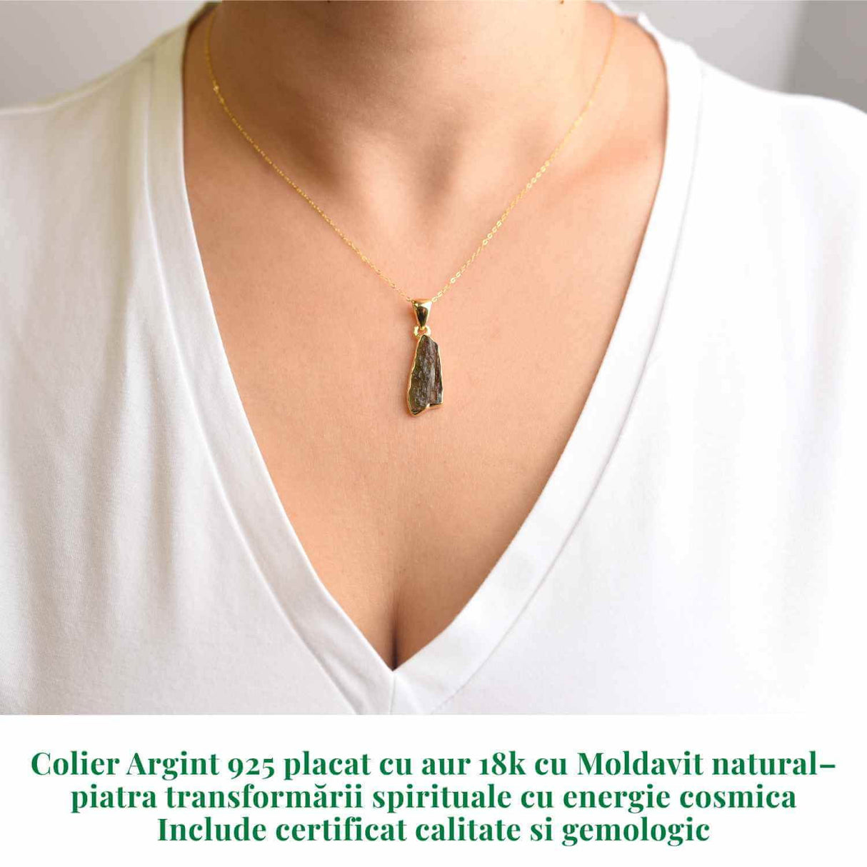 Colier Argint 925 placat cu Aur 18k cu Moldavit natural - Transformare spirituala - 2.32g
