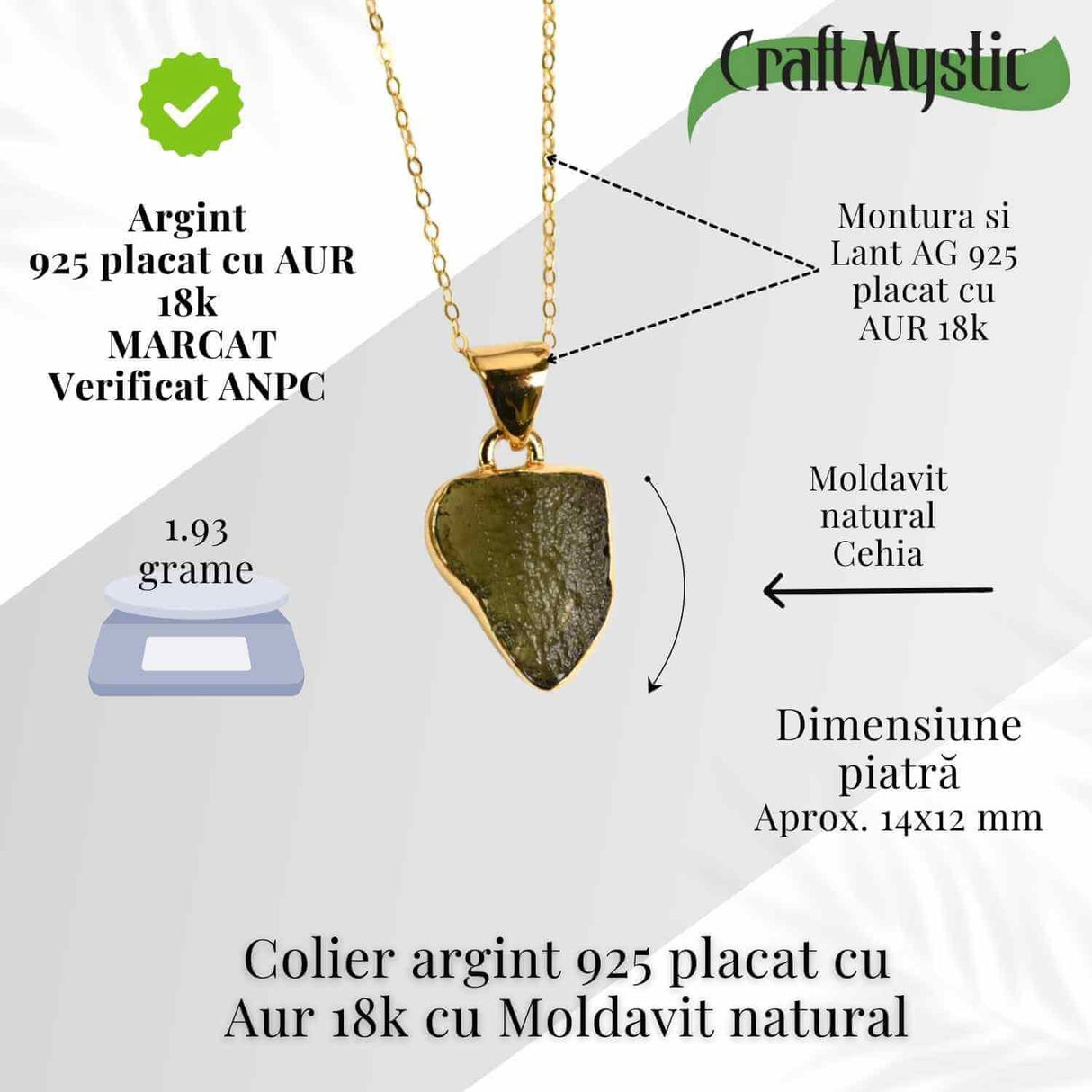 Colier Argint 925 placat cu aur 18k cu Moldavit natural brut 1.93 g - talisman de transformare