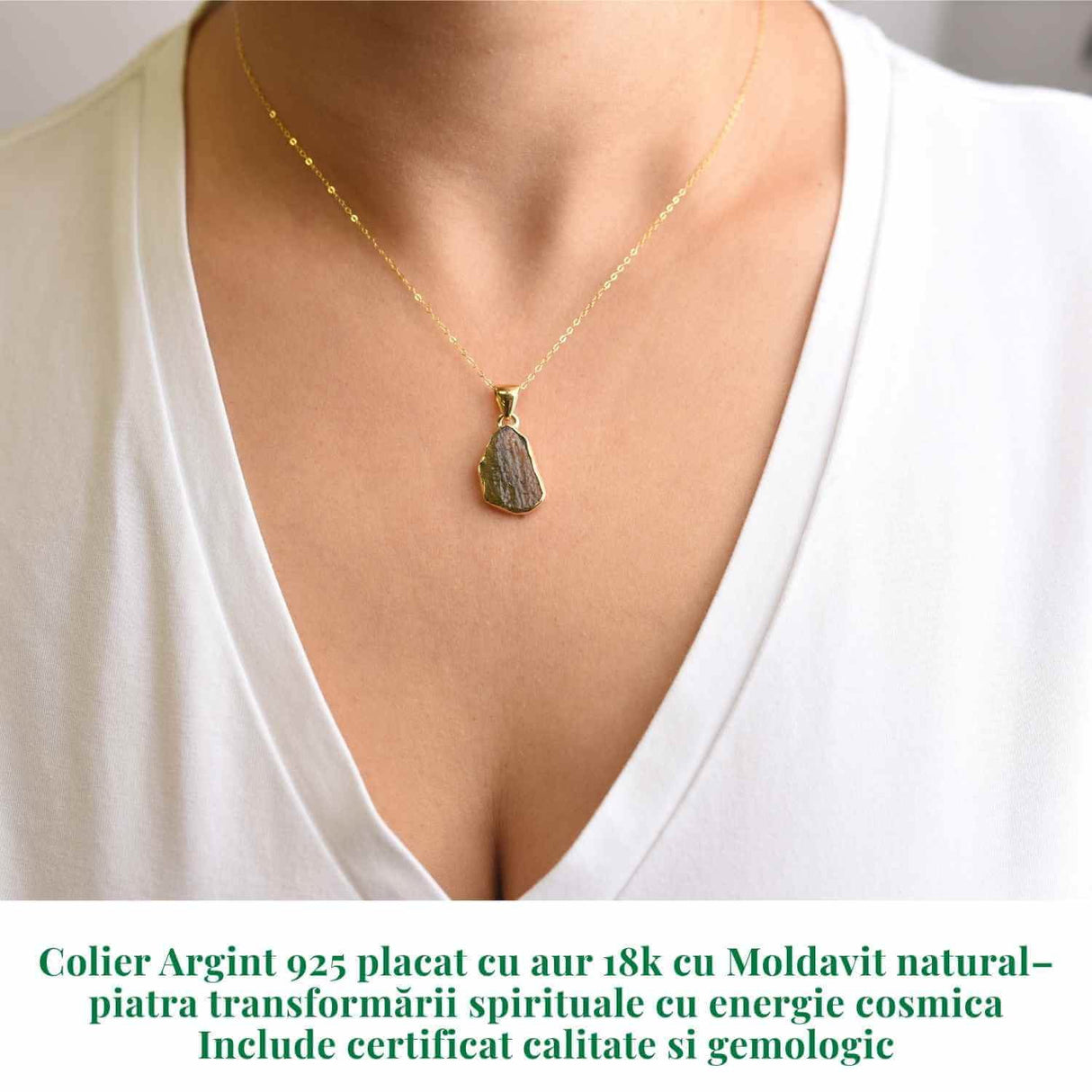 Colier argint 925 placat aur 18k cu Moldavit natural 2.17 g - Accelereaza transformarea personala