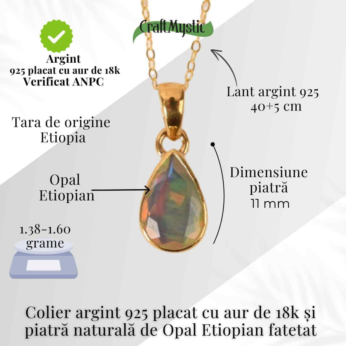 Colier Argint 925 placat cu aur 18K cu Opal Etiopian Fatetat in Forma de Lacrima - Luminile Transformarii Interioare