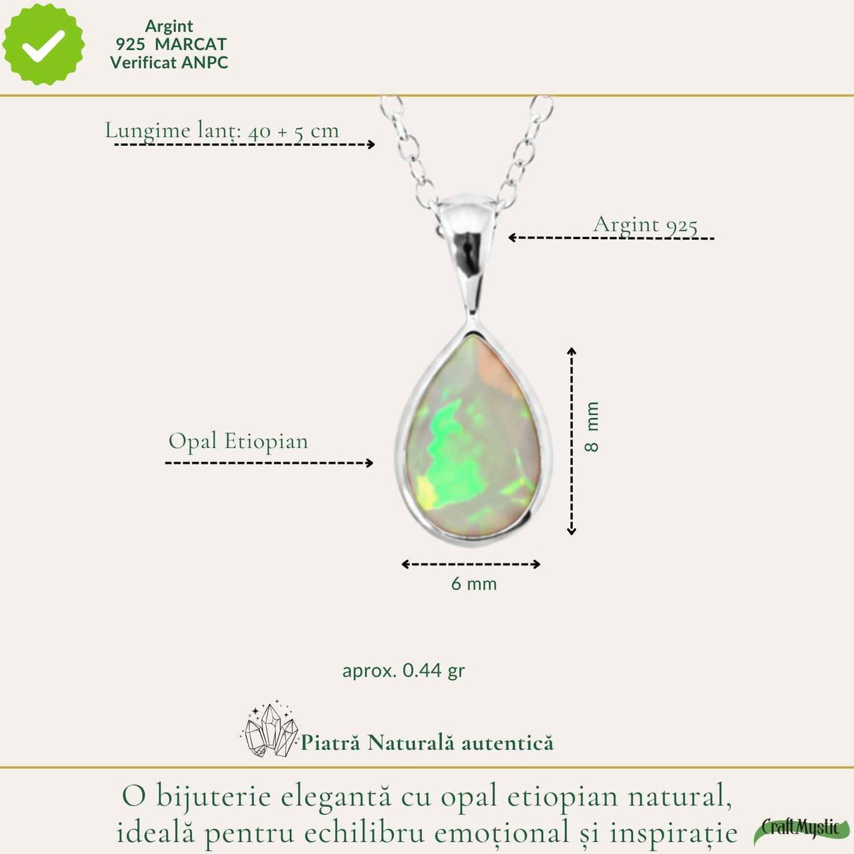 Colier Argint 925 cu Opal Etiopian Lacrima – Intuitie si Echilibru Emotional