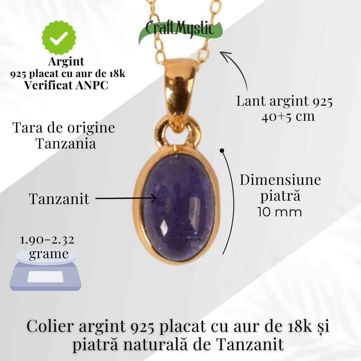 Colier Argint 925 placat cu Aur 18K si Tanzanit Oval - Echilibru si Claritate Spirituala