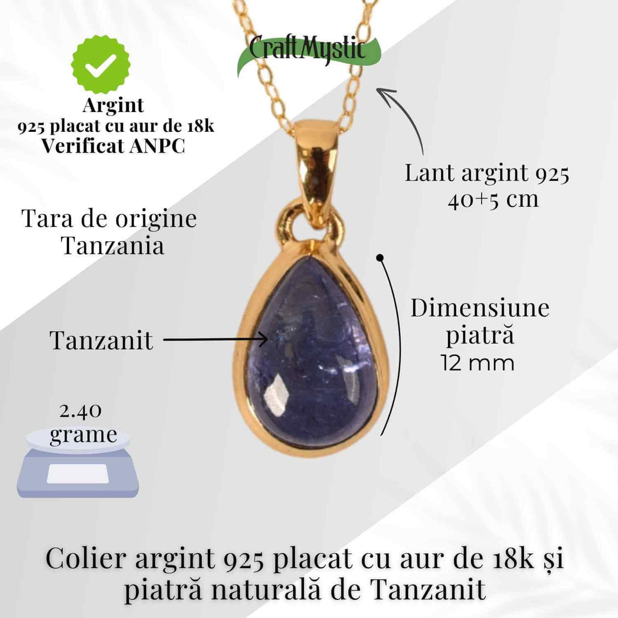 Colier Argint 925 placat cu Aur 18K si Tanzanit Lacrima - Claritate si Renastere Spirituala