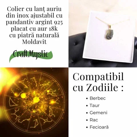 Colier cu lant de inox aurit si pandantiv montura argint 925, placat cu aur 18 k si Moldavit natural, 2.82 gr - Echilibru si trezire spirituala