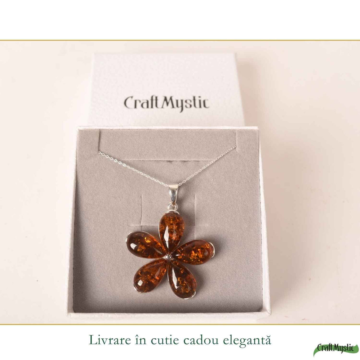 Colier Argint 925 cu Floare Mare din Chihlimbar Natural - Energie Calda si Protectie