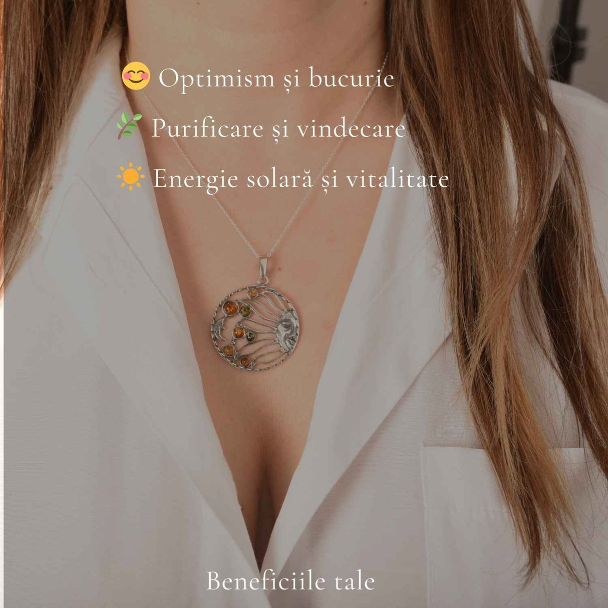 Colier Argint 925 Rotund Soare si Luna cu Chihlimbar Natural - Echilibru si Vitalitate
