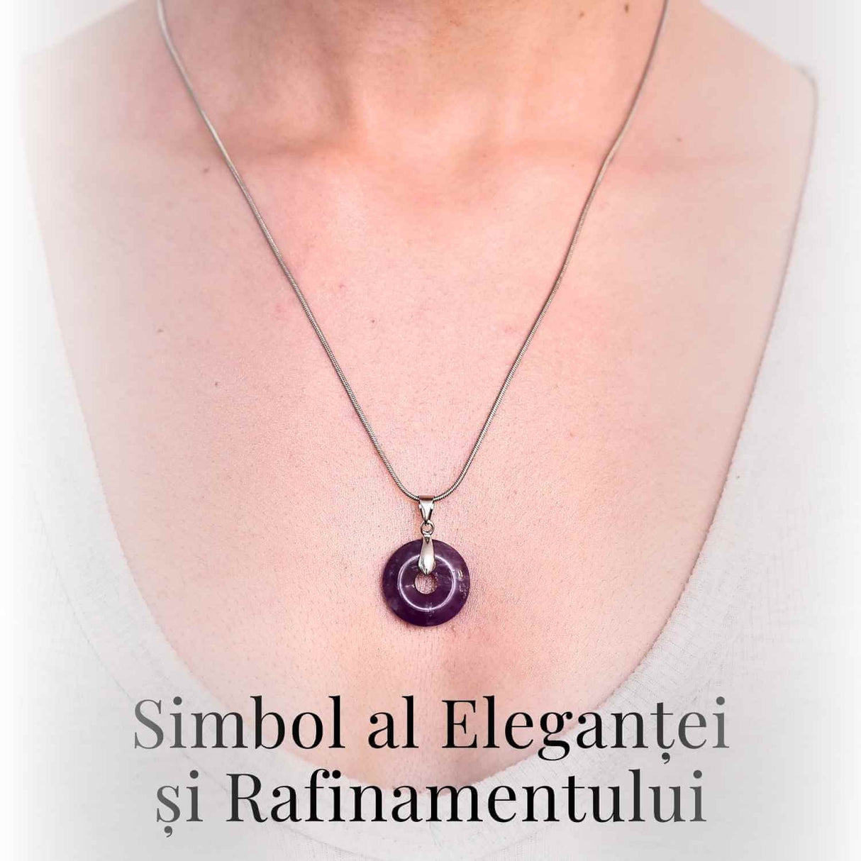 Colier Argintiu cu Ametist Forma Pi - Calm si Spiritualitate, Lungime Totala 50 cm, Diametru Pandantiv 20 mm