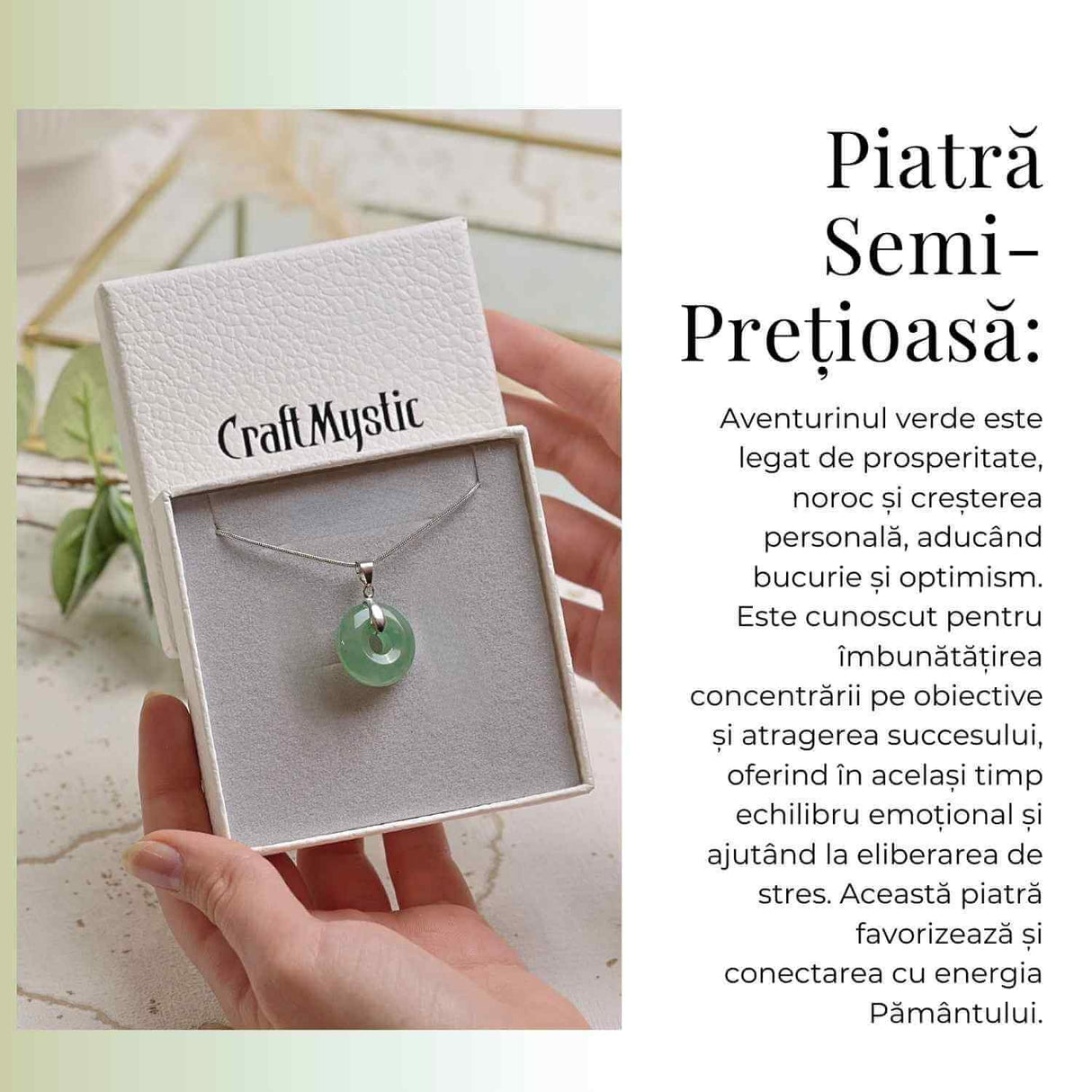Colier Argintiu cu Aventurin Verde Forma Pi - Echilibru si Prosperitate, Lungime Totala 50 cm, Diametru Pandantiv 20 mm