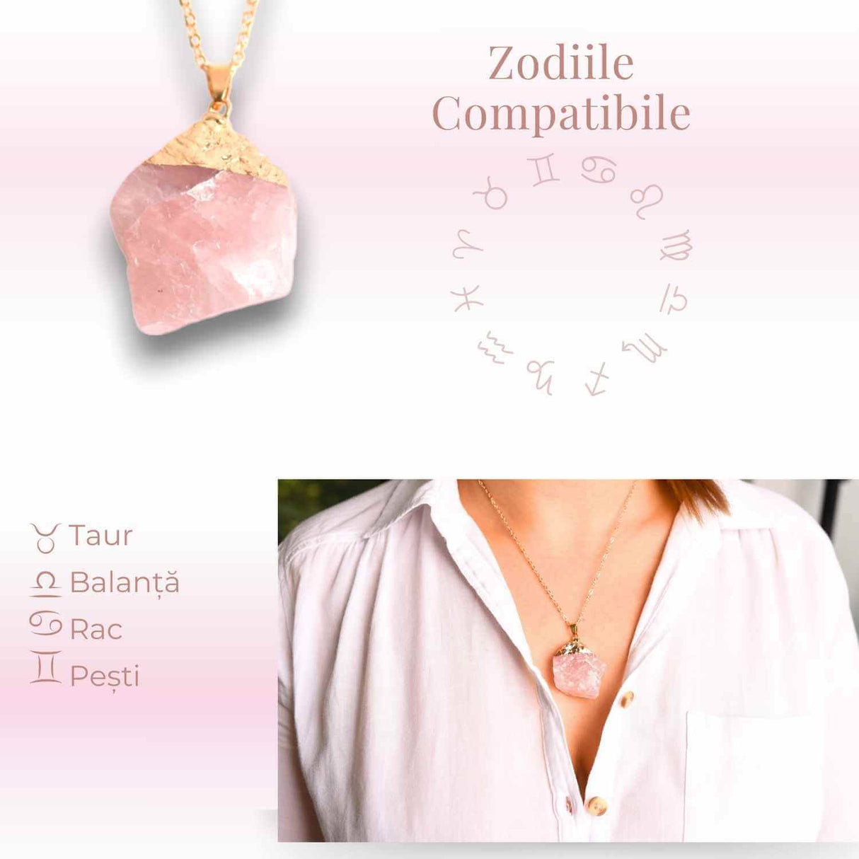 Colier auriu ajustabil cu pandantiv din Cuart Roz brut - Vindecare si Iubire