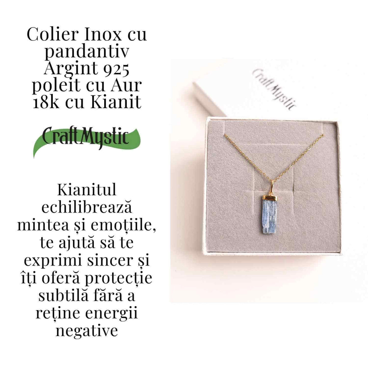 Colier Brut cu Kianit ( Cianit ) din Argint 925 placat cu aur de 18k lant inox - Comunicare Autentica si Calm Mental