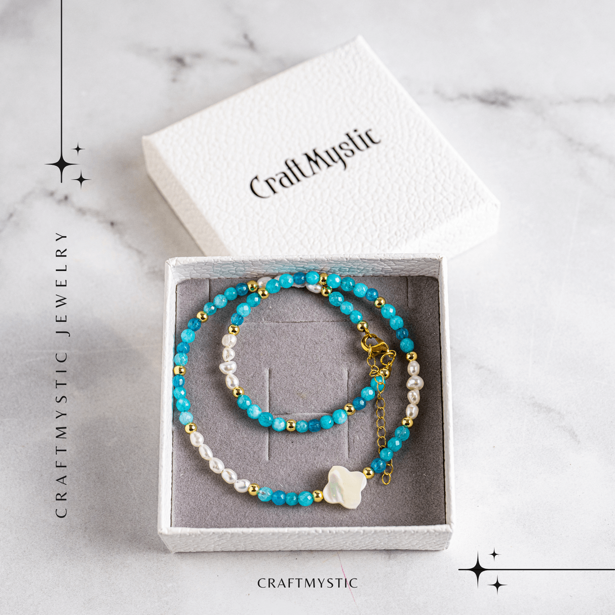 Colier tip choker cu pietre pentru pace interioara - Acvamarin, perle si simbol marin