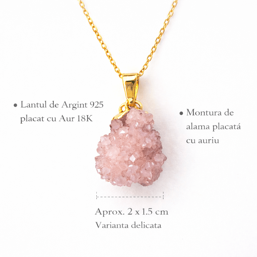 Colier cu Ametist Roz Natural 2-3 cm - Lant Argint Placat Aur 18K - Piatra Bruta Brazilia