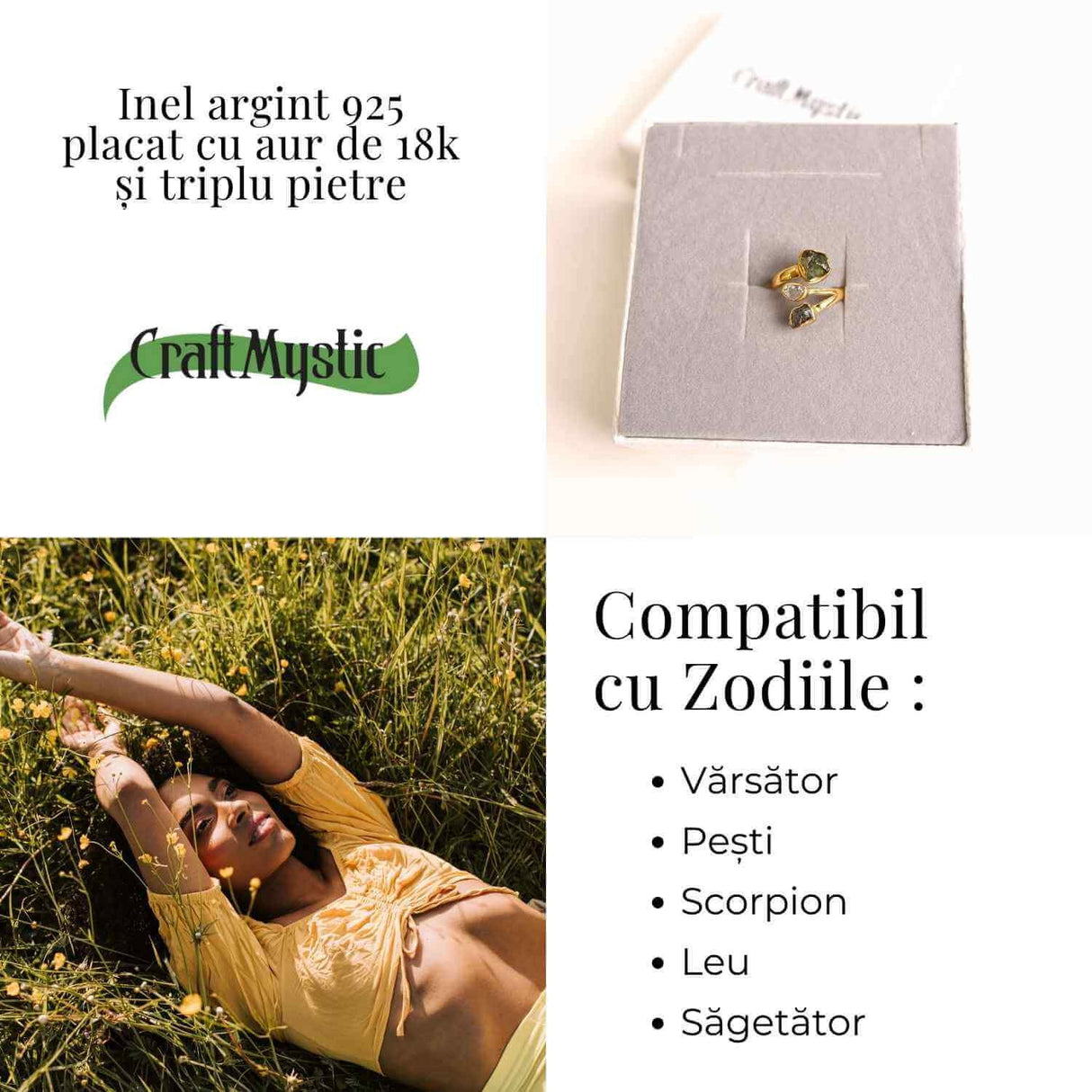 Inel argint 925 placat cu aur de 18k cu Moldavit, Meteorit si Diamant Pakimer marime 57.5/8 - Putere cosmica si claritate