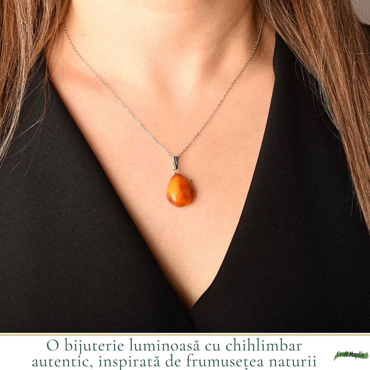 Colier cu Chihlimbar Natural Lacrima si Lant Argint 925 – Energie Calda si Eleganta Delicata