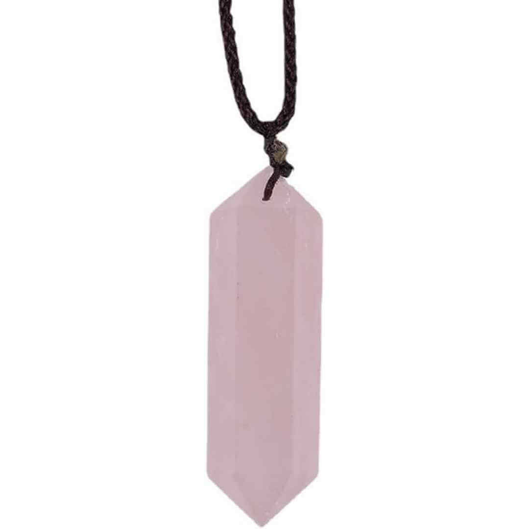 Colier cu cristal vindecator Cuart Roz 4-5 cm, in forma hexagonala cu dublu varf si saculet satin negru - pentru protectie, vointa si noroc