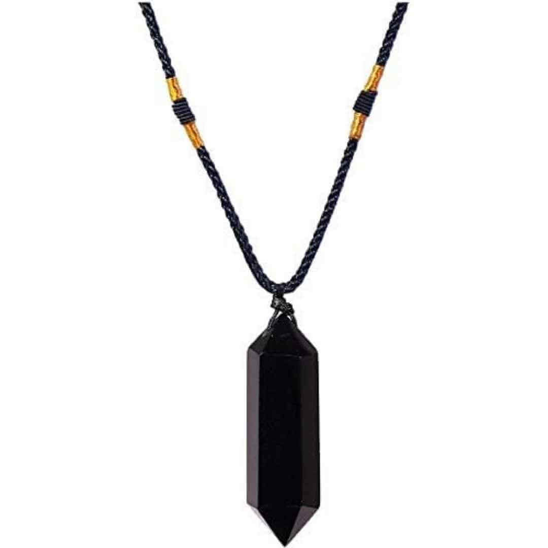 Colier cu cristal vindecator Obsidian 4-5 cm, in forma hexagonala cu dublu varf si saculet satin negru - pentru protectie, vointa si noroc