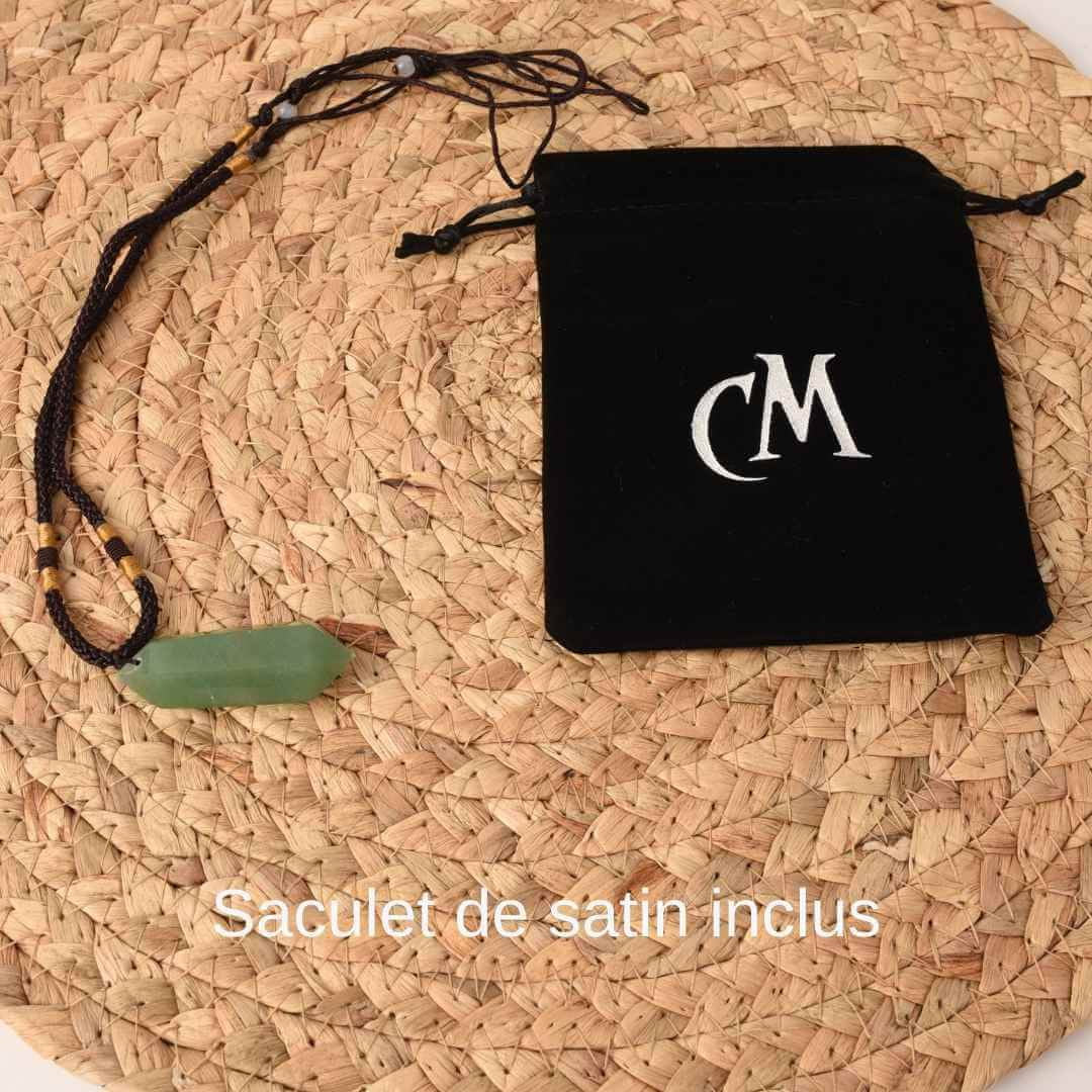 Colier cu cristal vindecator Aventurin Verde 4-5 cm, in forma hexagonala cu dublu varf si saculet satin negru - pentru protectie, vointa si noroc