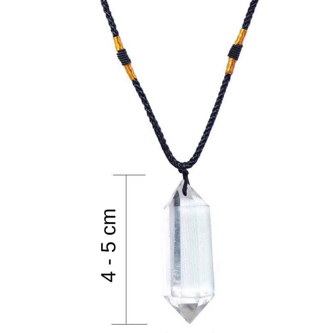 Colier cu cristal vindecator Cuart transparent 4-5 cm, in forma hexagonala cu dublu varf si saculet satin negru - pentru protectie, vointa si noroc