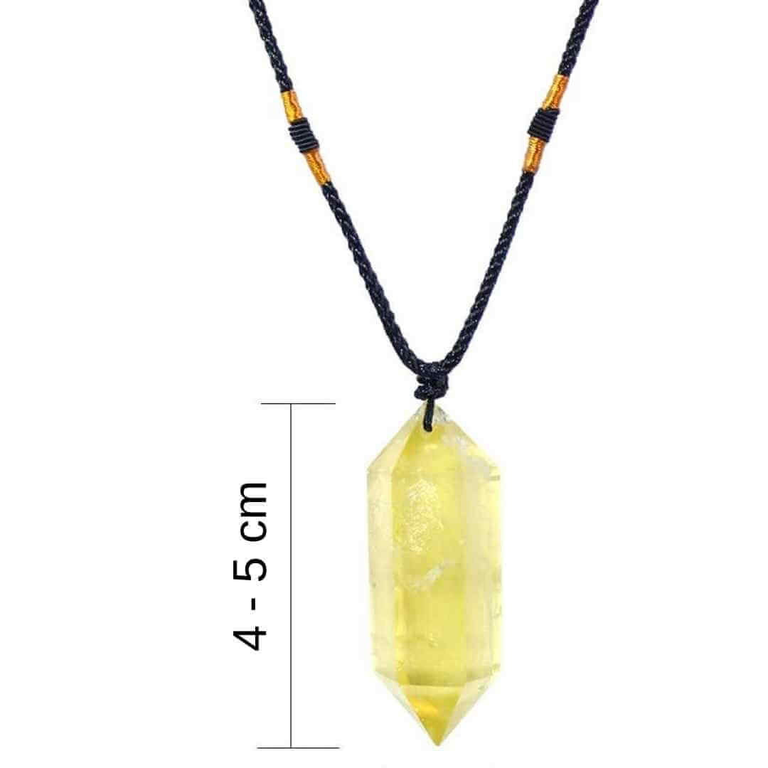 Colier cu cristal vindecator Citrin 4-5 cm, in forma hexagonala cu dublu varf si saculet satin negru - pentru protectie, vointa si noroc