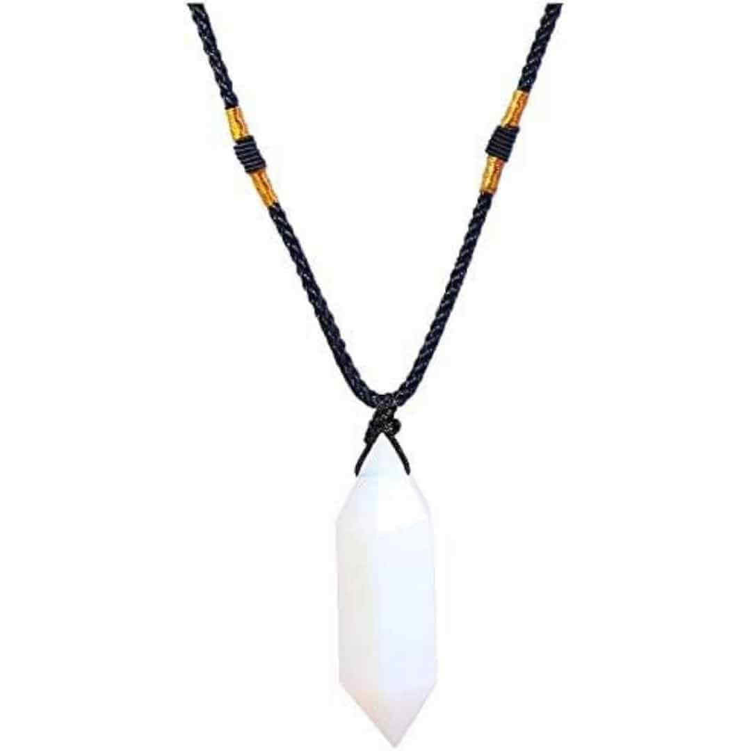 Colier cu cristal vindecator Opal 4-5 cm, in forma hexagonala cu dublu varf si saculet satin negru - pentru protectie, vointa si noroc