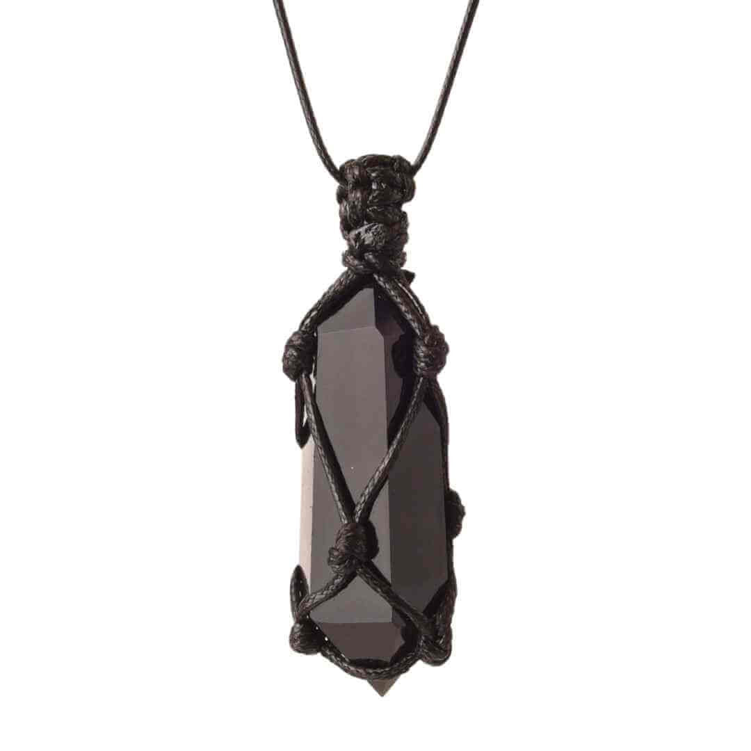 Colier cu cristal vindecator Obsidian Negru, in forma hexagonala dublu varf, infasurat intr-o plasa de franghie neagra ajustabila - pentru protectie, stabilitate si armonie