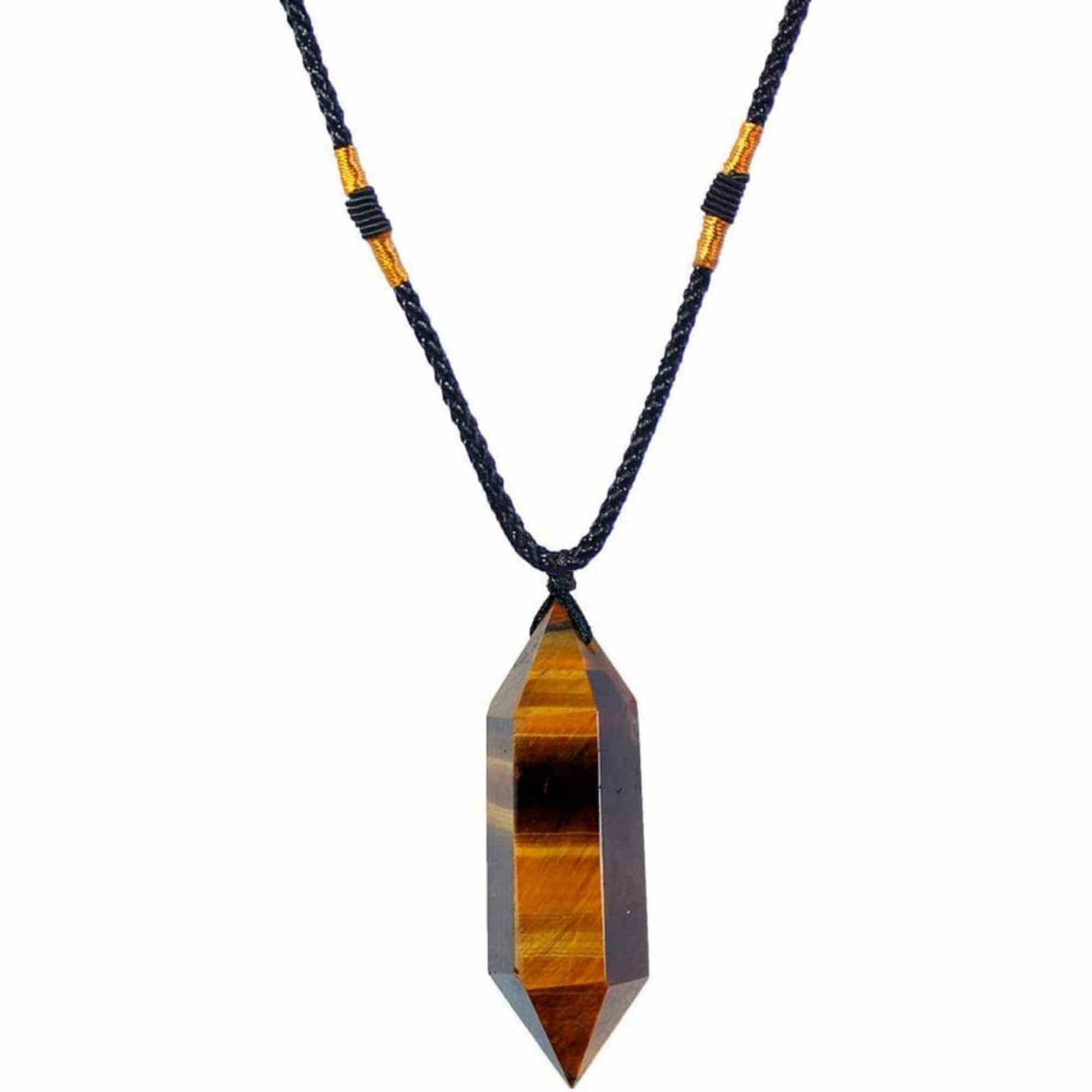 Colier cu cristal vindecator Ochi de Tigru, in forma hexagonala cu dublu varf - pentru protectie, vointa si noroc.