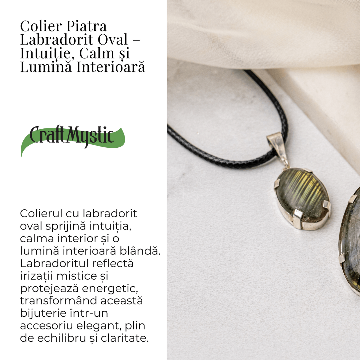 Colier cu Labradorit Oval pe Snur Cerat - Claritate Interioara, Intuitie si Lumina Mistica
