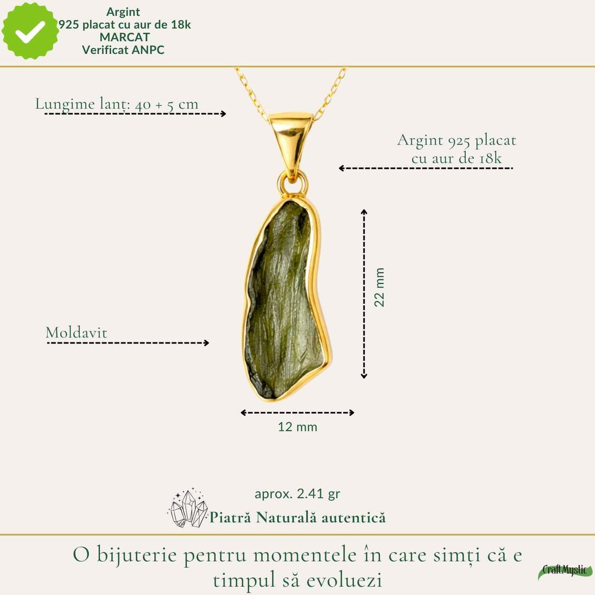 Colier Argint 925 Placat Aur 18K cu Moldavit Natural – Energie si Transformare