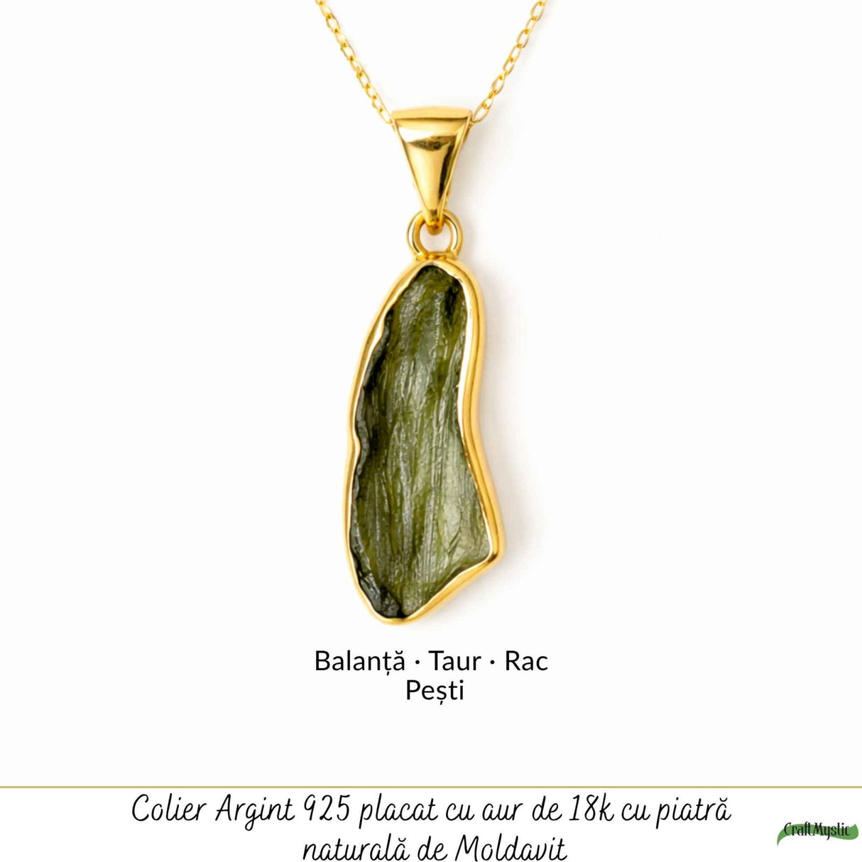 Colier Argint 925 Placat Aur 18K cu Moldavit Natural – Energie si Transformare