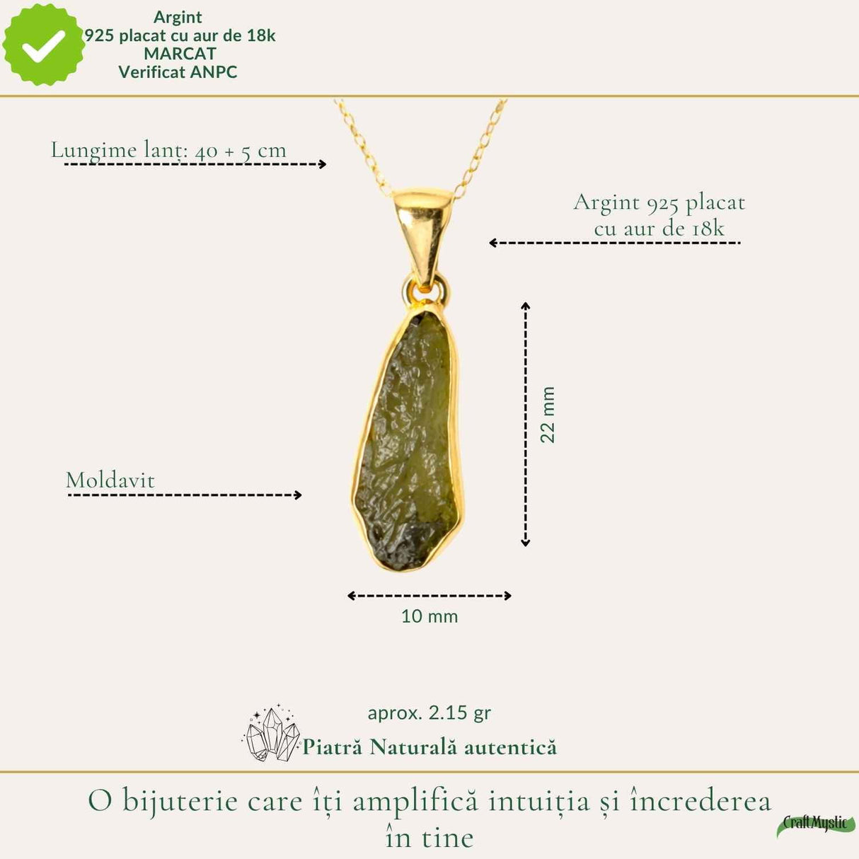 Colier Elegant cu Moldavit Brut si Argint placat cu Aur 18K - Claritate si Intuitie