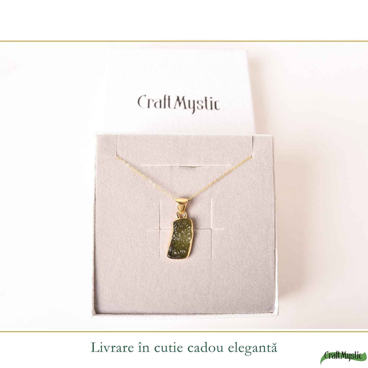 Colier Unisex cu Moldavit Natural si Argint placat cu Aur 18K - Energie Rara si Autentica