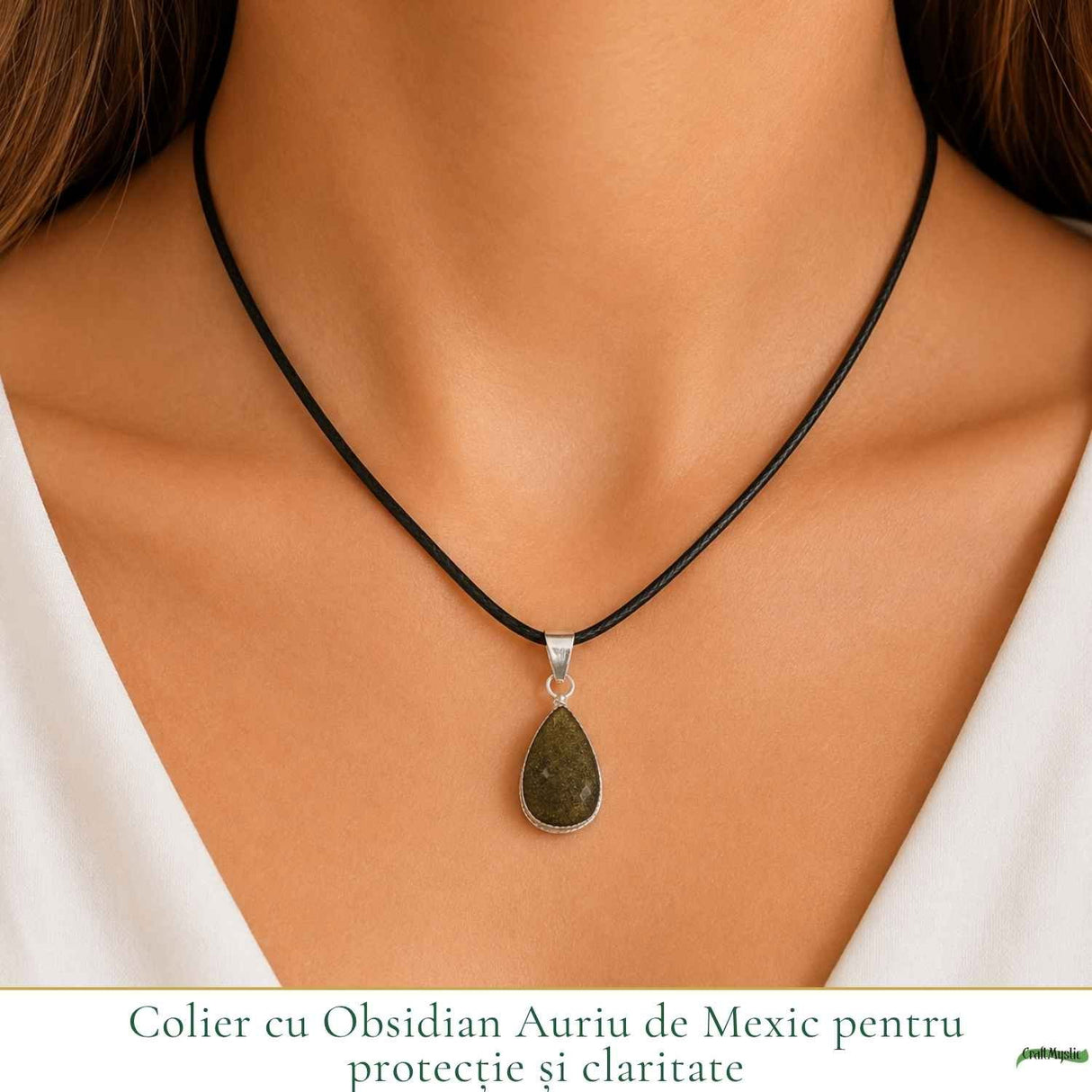Colier cu Obsidian Auriu de Mexic in Forma de Lacrima – Protectie si Claritate Interioara