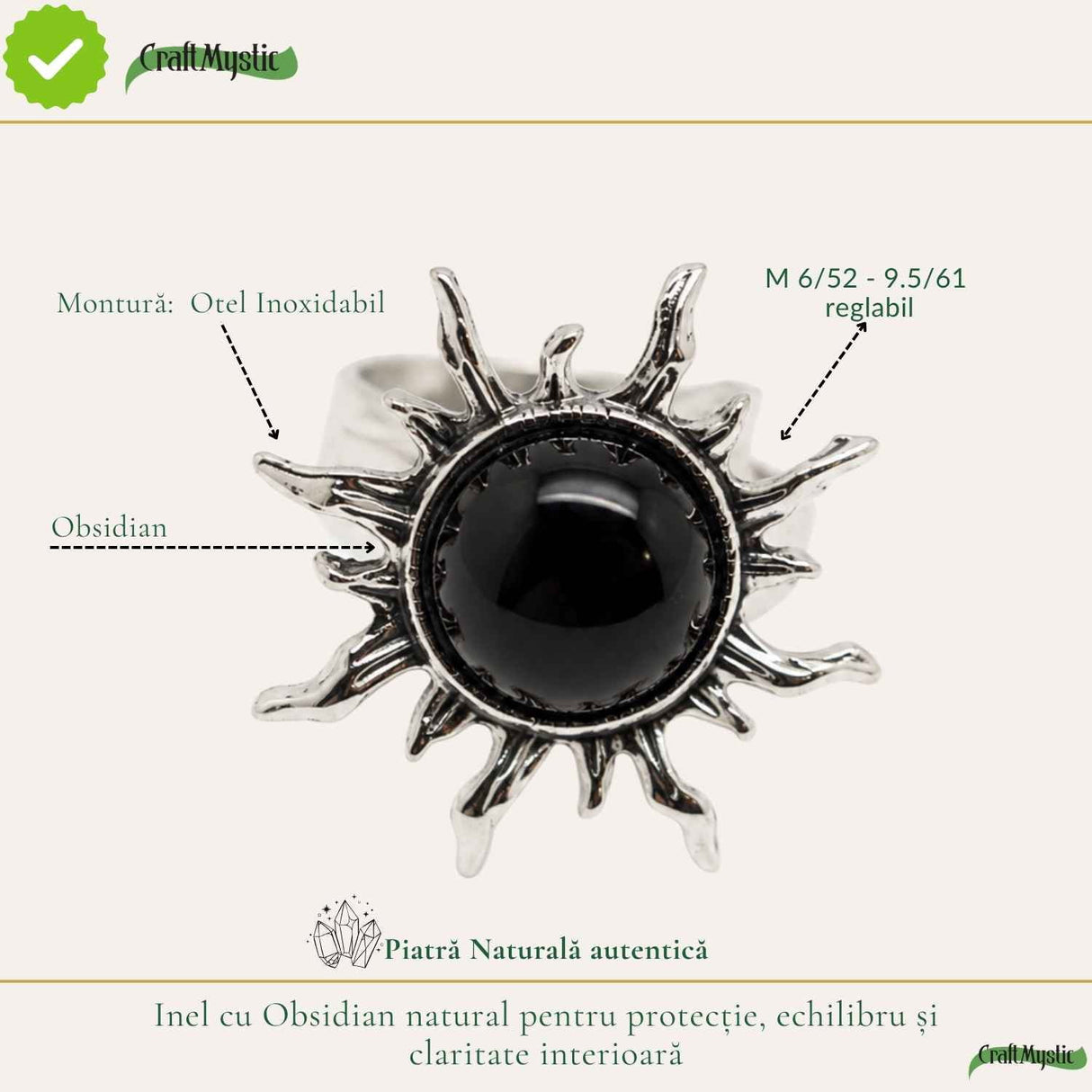 Inel cu Obsidian Natural in Forma de Soare – Protectie si Putere Interioara