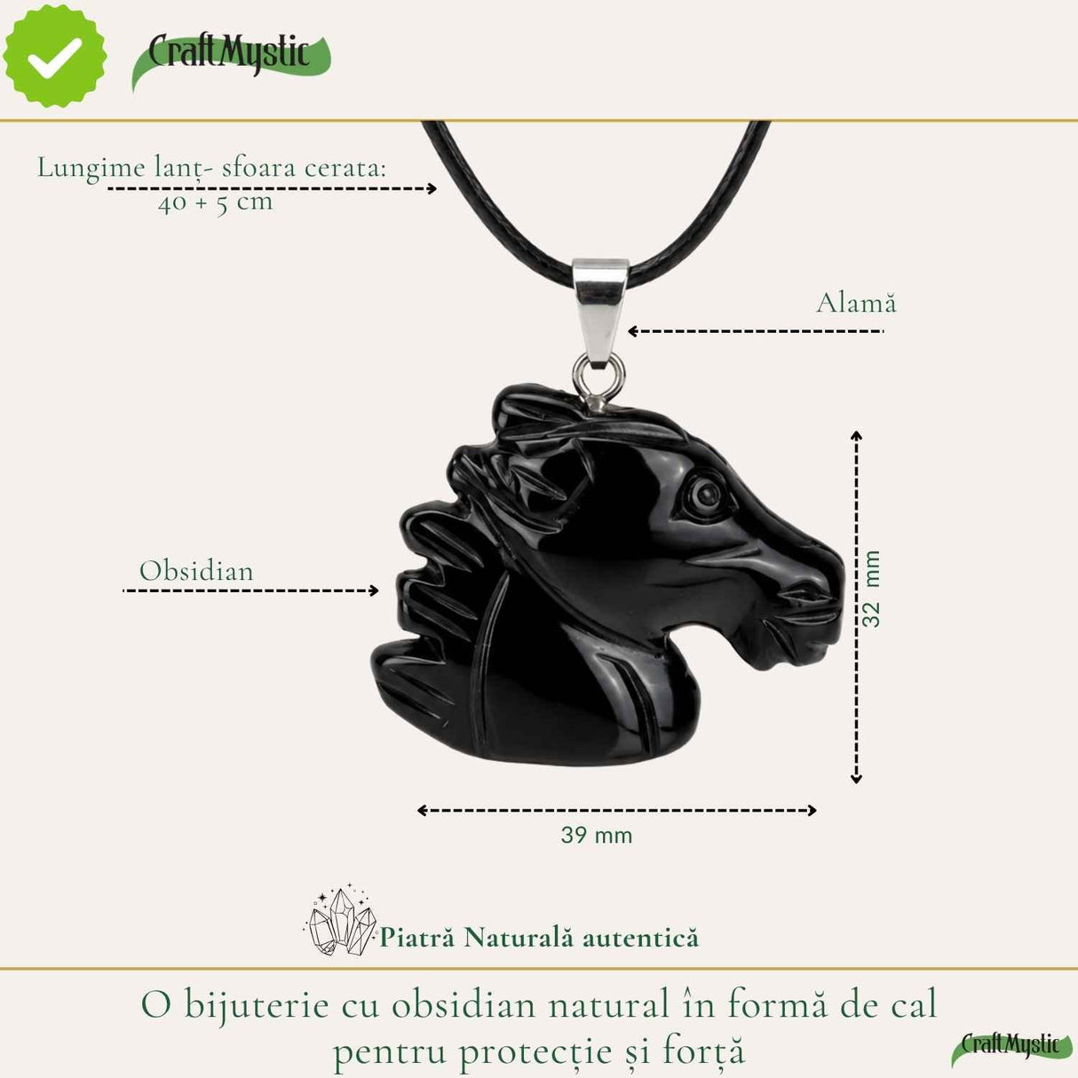 Colier cu Obsidian Natural in Forma de Cal – Protectie, Forta si incredere