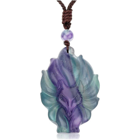 Healing Fluorite Crystal Fox Face Pendant Necklace - pendant meaning: wisdom, beauty, intelligence, adaptability, and opportunity