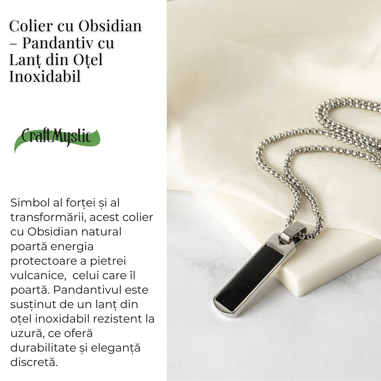 Colier din Otel Inoxidabil cu Obsidian Natural - Pandantiv Dreptunghiular Protectie si Transformare