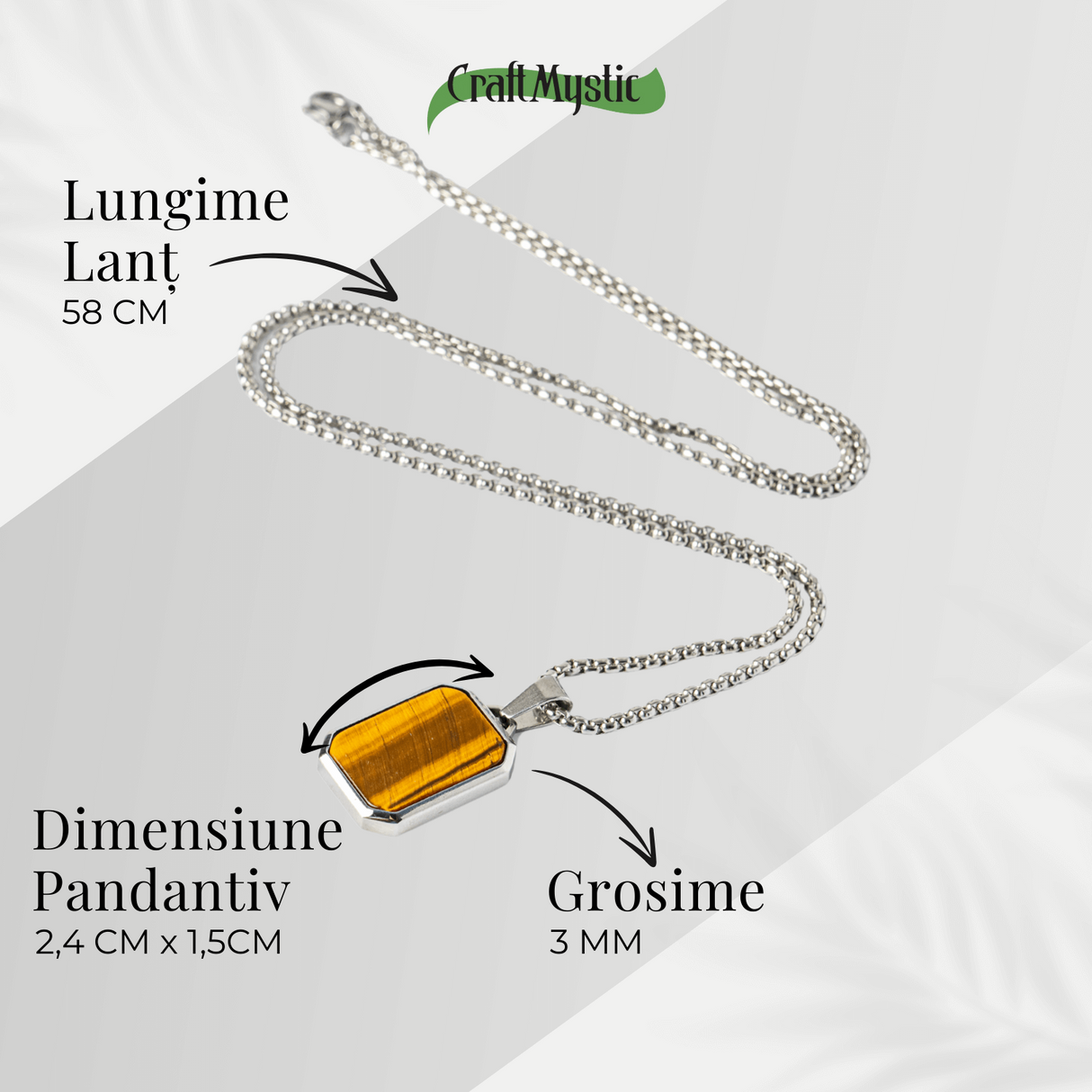 Colier cu Ochi de Tigru Natural si Pandantiv Dreptunghiular - Putere si Protectie