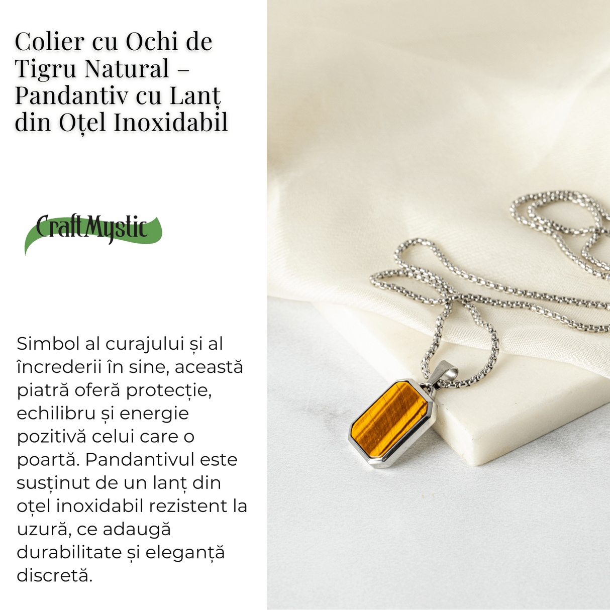 Colier cu Ochi de Tigru Natural si Pandantiv Dreptunghiular - Putere si Protectie
